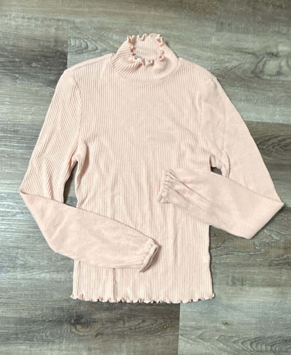 American Rag Ribbed Mock Neck Top Size XS Pink Lettuce Trim